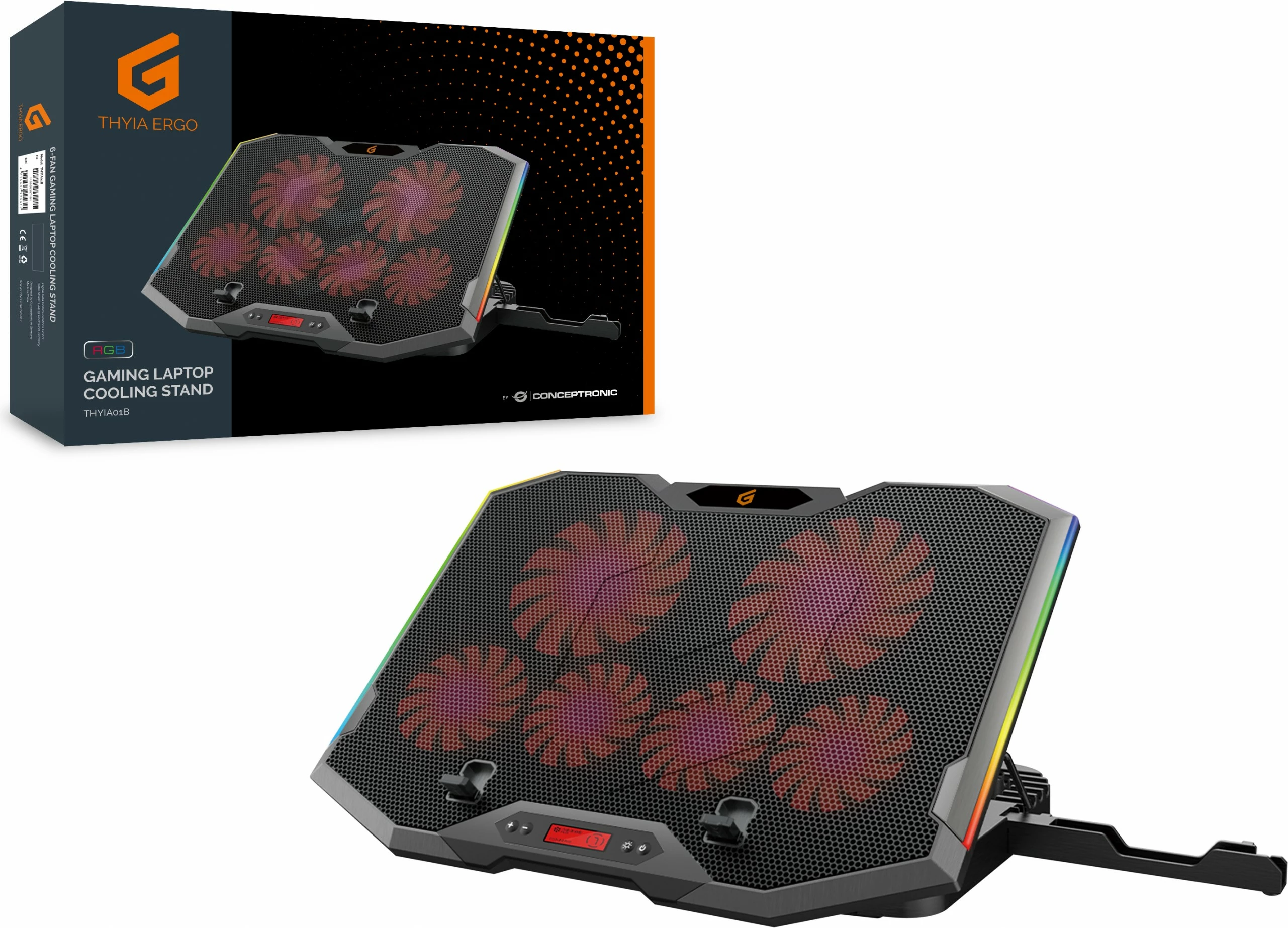 Mbajtëse ftohëse laptopi Conceptronic 6-fan, RGB, 17 inç, e zezë