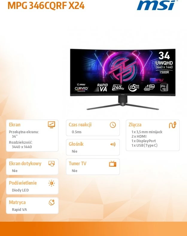 Monitor MSI MPG 346CQRF X24 34 inch UWQHD 3440x1440 240Hz 0.5ms 1500R e zezë