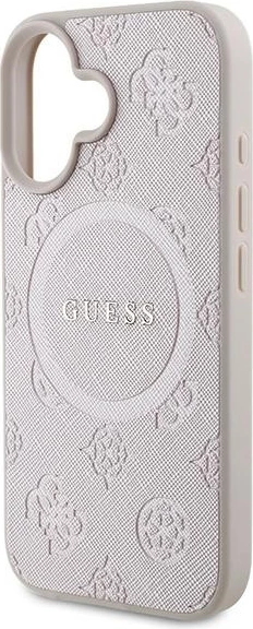 Mbështjellës Guess Saffiano Peony Classic Logo MagSafe për iPhone 16 Plus, Rozë