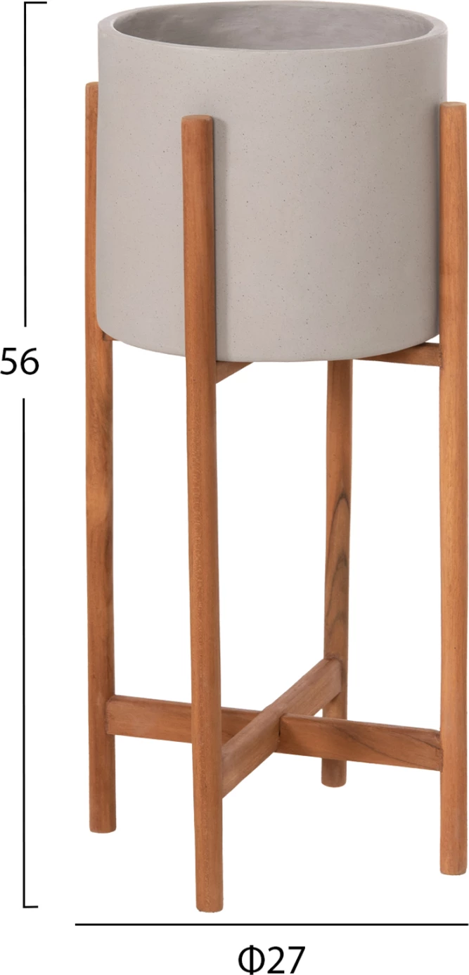 Vazo e brendshme RENTIL, fibër-cement, ngjyrë gri, bazë dru tik, Φ27x56Hcm