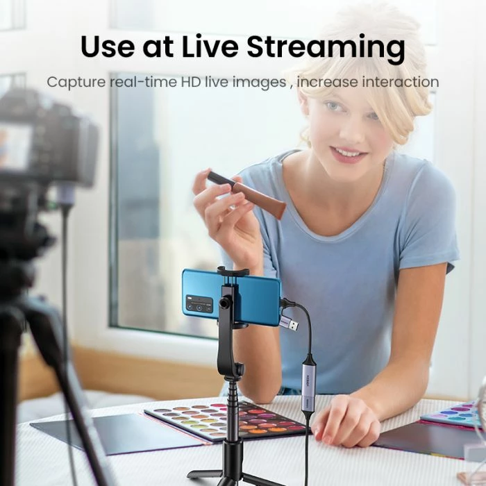 Adapter USB për kapje video HDMI, UGREEN 40189, 4K@60Hz input / 1080p@30Hz capture, USB-C + USB-A, gri, me kuti