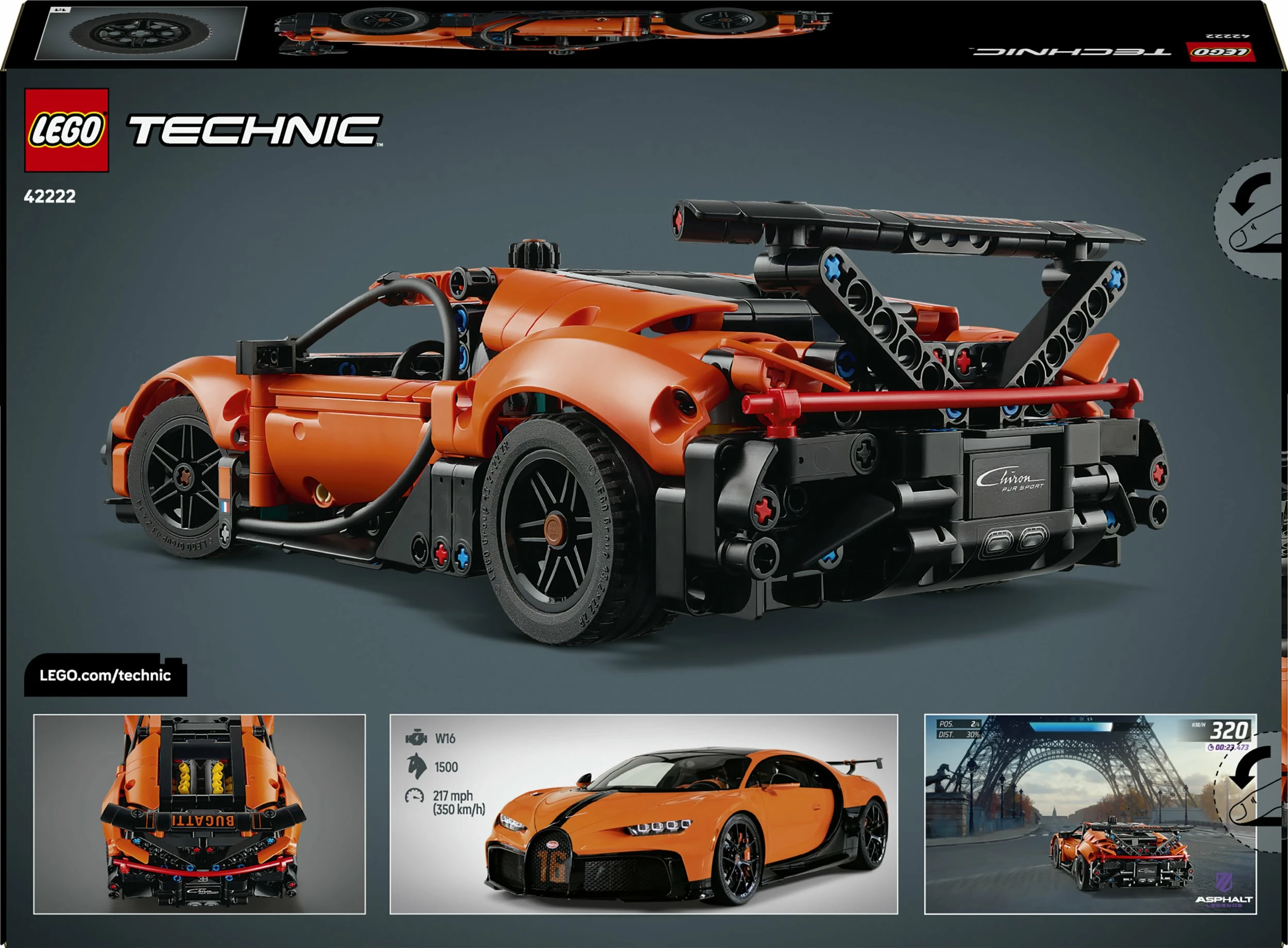 Set ndërtimi LEGO Technic Bugatti Chiron Pur Sport 42222, 771 copë, portokalli/zi