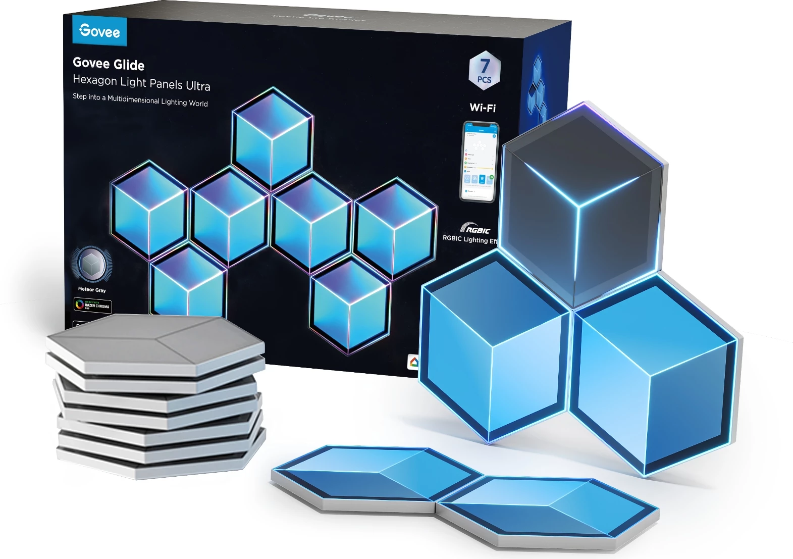 Panel dritash LED Govee Glide Hexagon Light Panels Ultra, RGBIC, Wi‑Fi, 7 copë