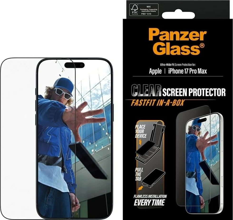 Xham mbrojtës PanzerGlass Ultra-Wide Fit Fastfit për iPhone 17 Pro Max transparent