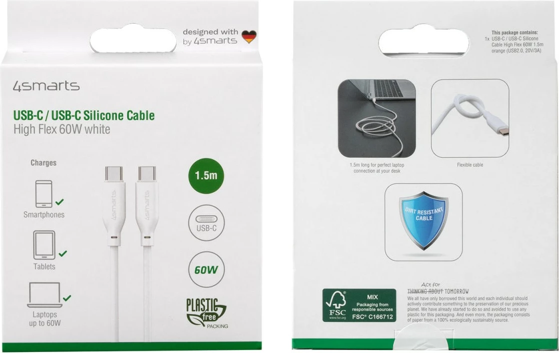 Kabëll USB C në USB C 4smarts 1.5m, Fast Charging, 60W, i bardhë
