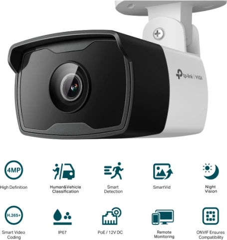 Kamerë rrjeti (bullet) TP-LINK VIGI C340I (6mm), 4MP 2560×1440, IR natën, IP67, PoE/12V, bardhë/zezë