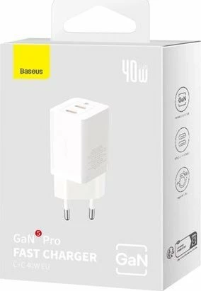 Karikues Baseus GaN5 CCGP180102 40W 2x USB-C 3A, bardhë