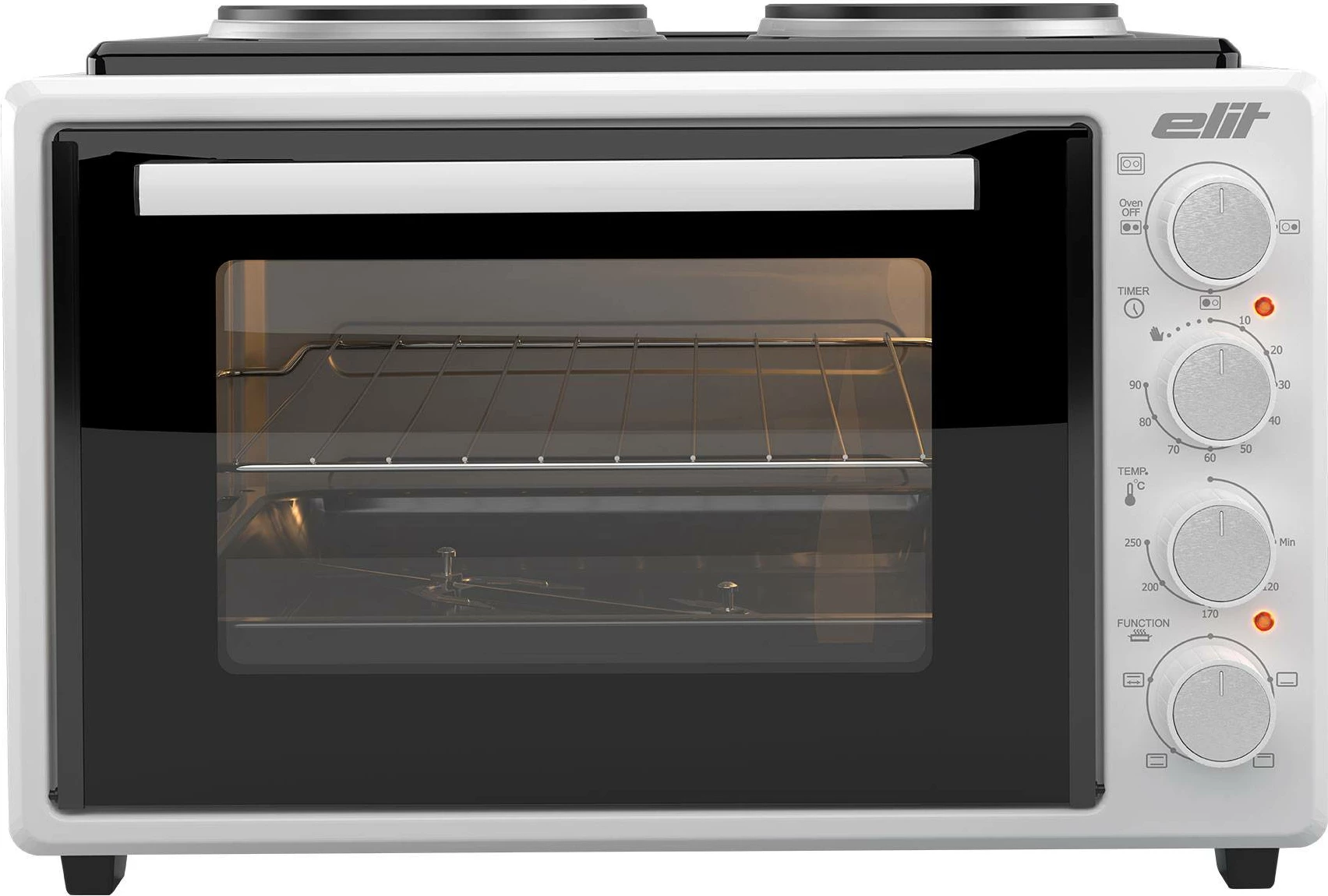 Mini furrë me dy plita, Elit OPTIDUO 35WH, 35 L, 1400 W, me shkop rrotullues dhe dritë, e bardhë