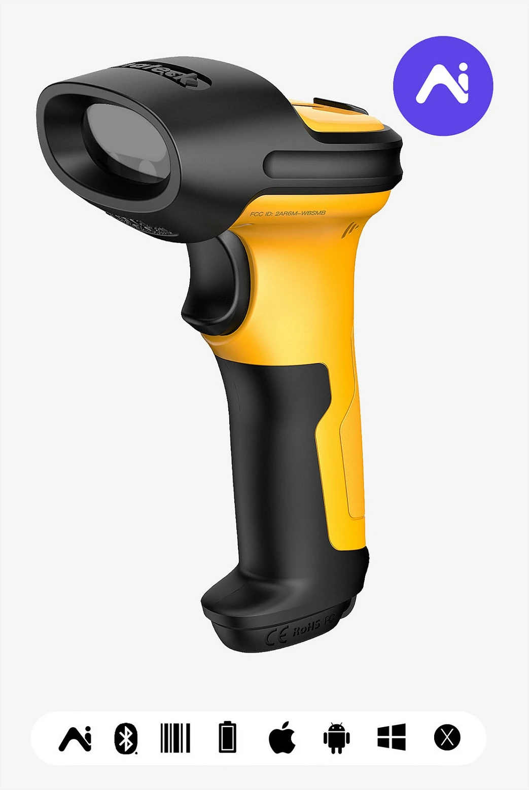 Skaner barkodi Inateck P6-AI, 1D lazer, Bluetooth/2.4G/USB, bateri 2600mAh, zi/verdhe