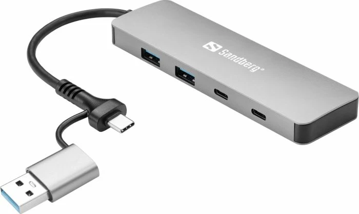 Hub USB SANDBERG 136-64, USB-C/USB-A në 2x USB-A 3.0 + 2x USB-C, 5 Gbit/s, kabllo 15 cm, alumin, argjendtë