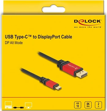 Kabllo DeLOCK USB-C në DisplayPort 1.4, 8K 30Hz, HDR10, 2m, kuqe/zezë