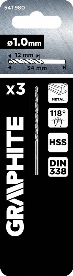 Maja shpimi për metal Graphite 54T980, HSS DIN 338, 1 mm, set 3 copë