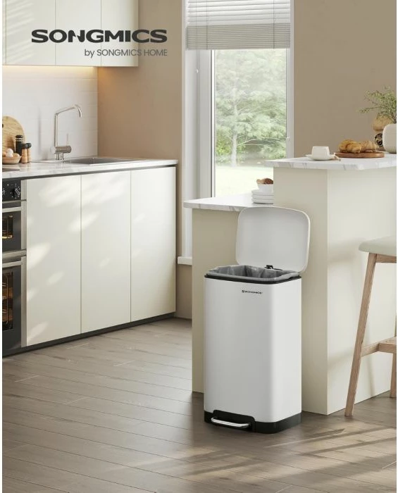 Kosh mbeturinash me pedal SONGMICS LTB01W 30 L, soft-close, me kovë të brendshme, metal, e bardhë