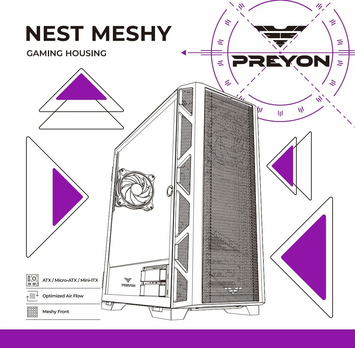 Kasë PREYON Nest Meshy PRENM02B Midi Tower ATX/eATX me xham të kalitur, 2 ventilatorë, e zezë
