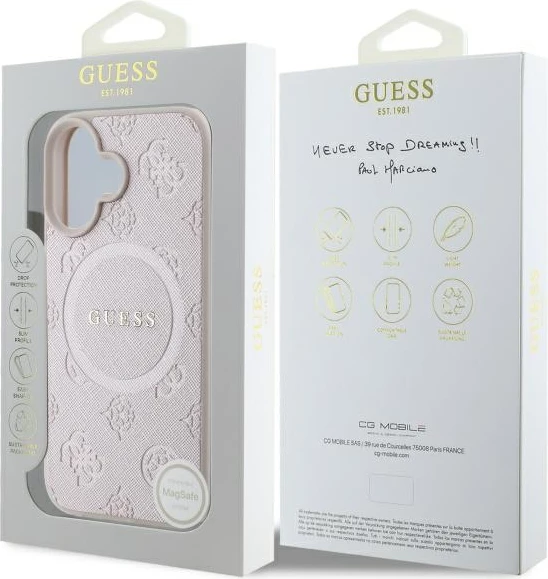 Mbështjellës Guess Saffiano Peony Classic Logo MagSafe për iPhone 16, Rozë