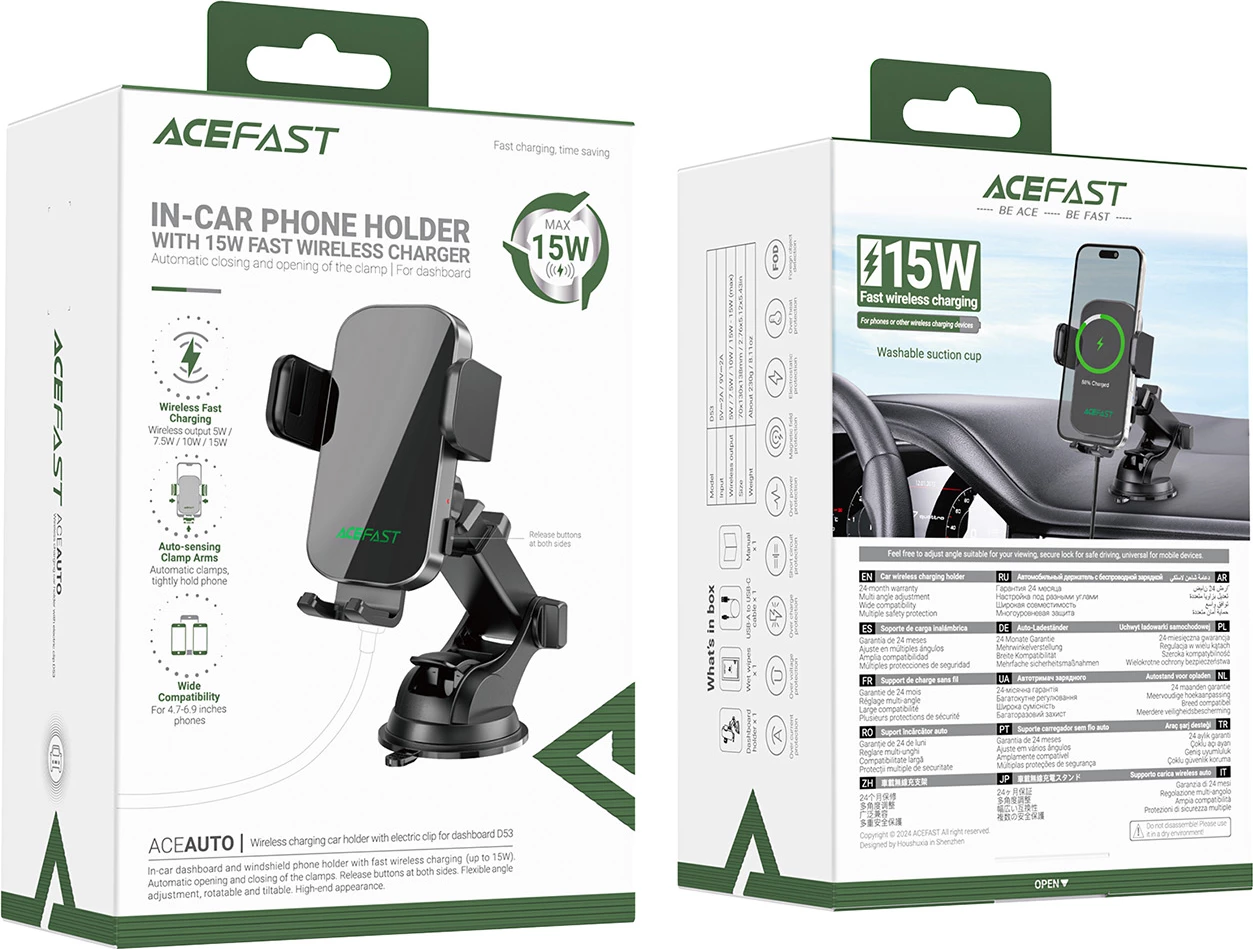 Mbajtës celulari për veturë Acefast D53, karikim pa kabllo Qi 15W, kapëse automatike, për dashboard/xham, i zi