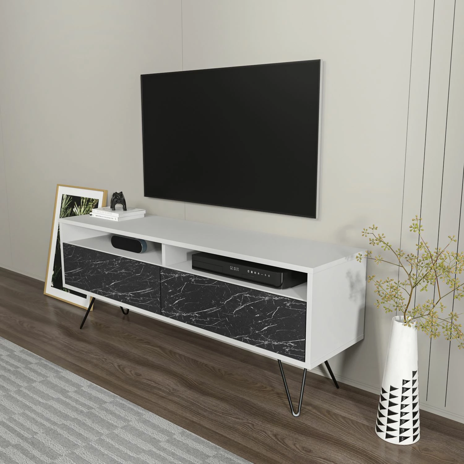 Komodë TV Skye Decor, e bardhë, e zezë