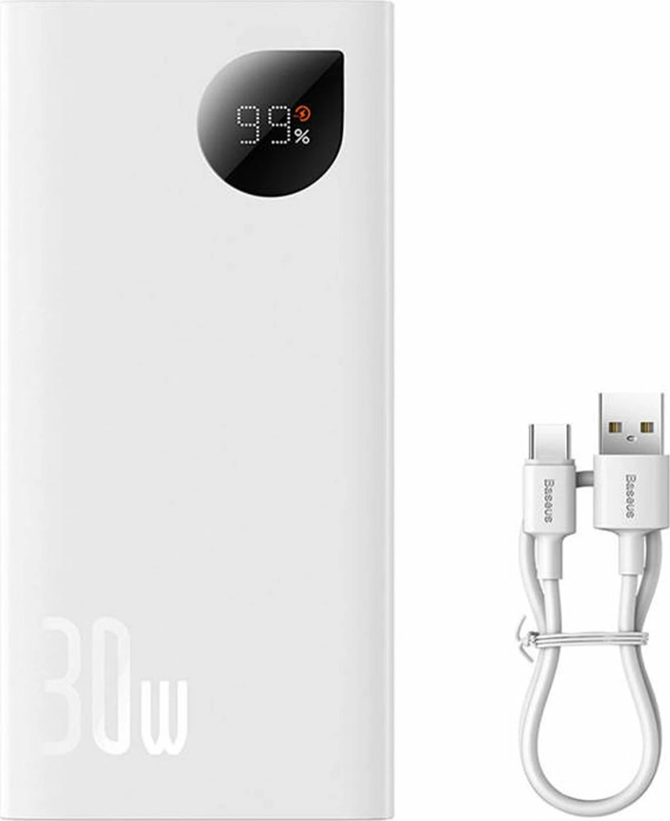 Powerbank Baseus Adaman2 10000mAh 30W PD me display, 3 porta, me kabllo USB-C 30cm, i bardhë