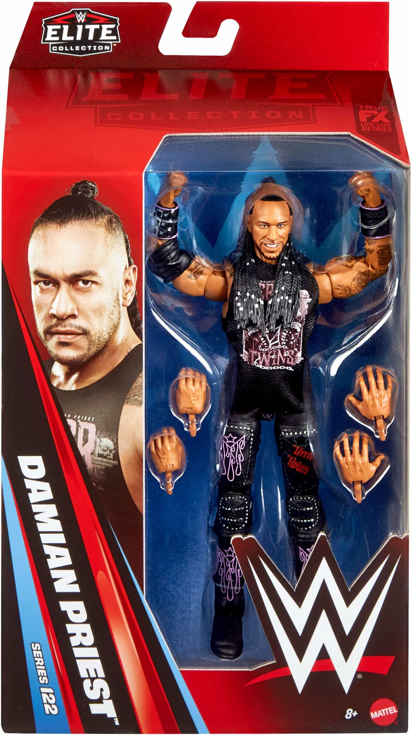 Figurë aksioni Mattel WWE Elite Damian Priest JHT53 15 cm me 25 pika artikulimi, duar të ndërrueshme dhe aksesorë, e zezë