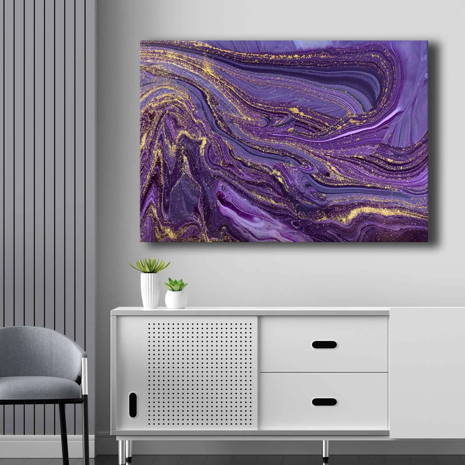 Pikturë dekorative në kanavacë, ngjyrë vjollcë dhe ari, 70x100cm