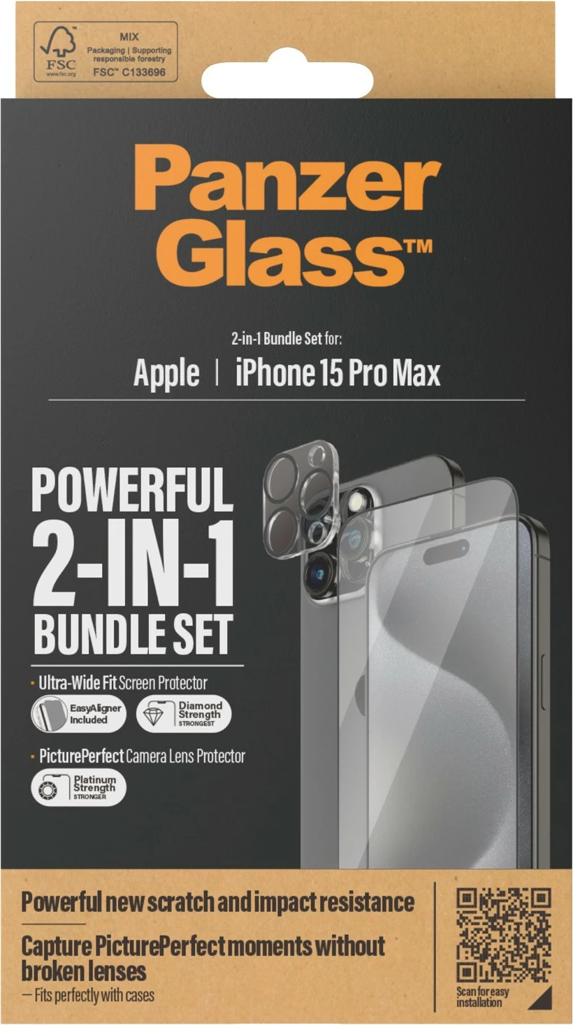 Mbështjellës PanzerGlass 2-in-1-Pack për iPhone 15 Pro Max, xham mbrojtës me aligner