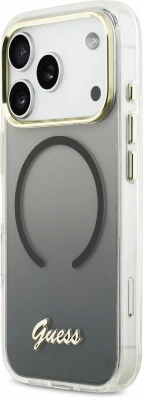 Kapak telefoni Guess IML Gradient Script Metal MagSafe për iPhone 17 Pro, i zi