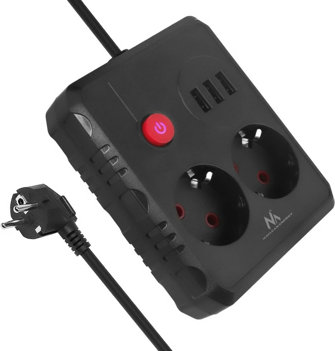 Listelë rryme, Maclean MCE388 B, 2 priza Schuko + 3x USB, 2500W, kabllo 3 m, me çelës, e zezë