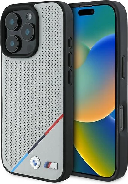 Mbështjellës BMW M Perforated Tricolor Line MagSafe për iPhone 16 Pro, Gri