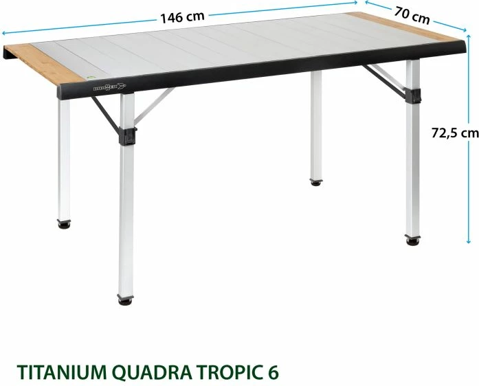 tryezë kampingu BRUNNER Titanium Quadra Tropic 4 MPN 0406095N 120.5×70×72 cm alumini 30 kg me çantë bartjeje argjendtë/zezë me bambu