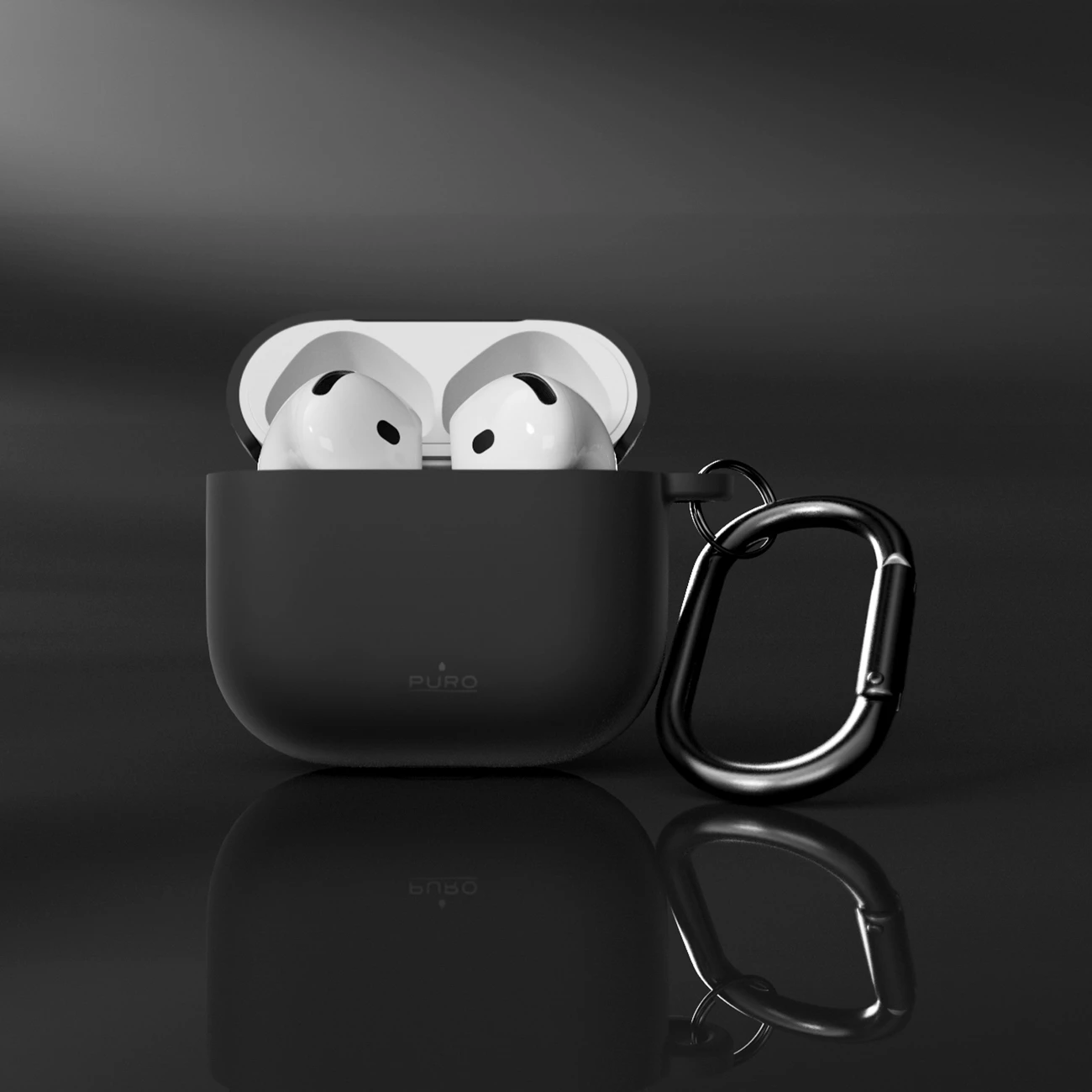 Mbështjellës silikoni Puro Icon për Apple AirPods 4, me karabinë, i zi