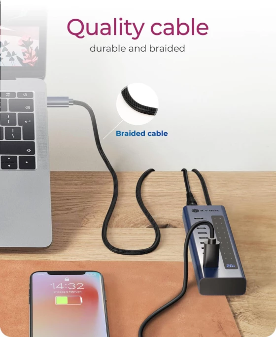 Hub USB-C ICYBOX IB-HUB1450-C31 10-port USB 3.2 Gen 2, PD 20W, ekran LED, kabllo e thurur, blu e errët