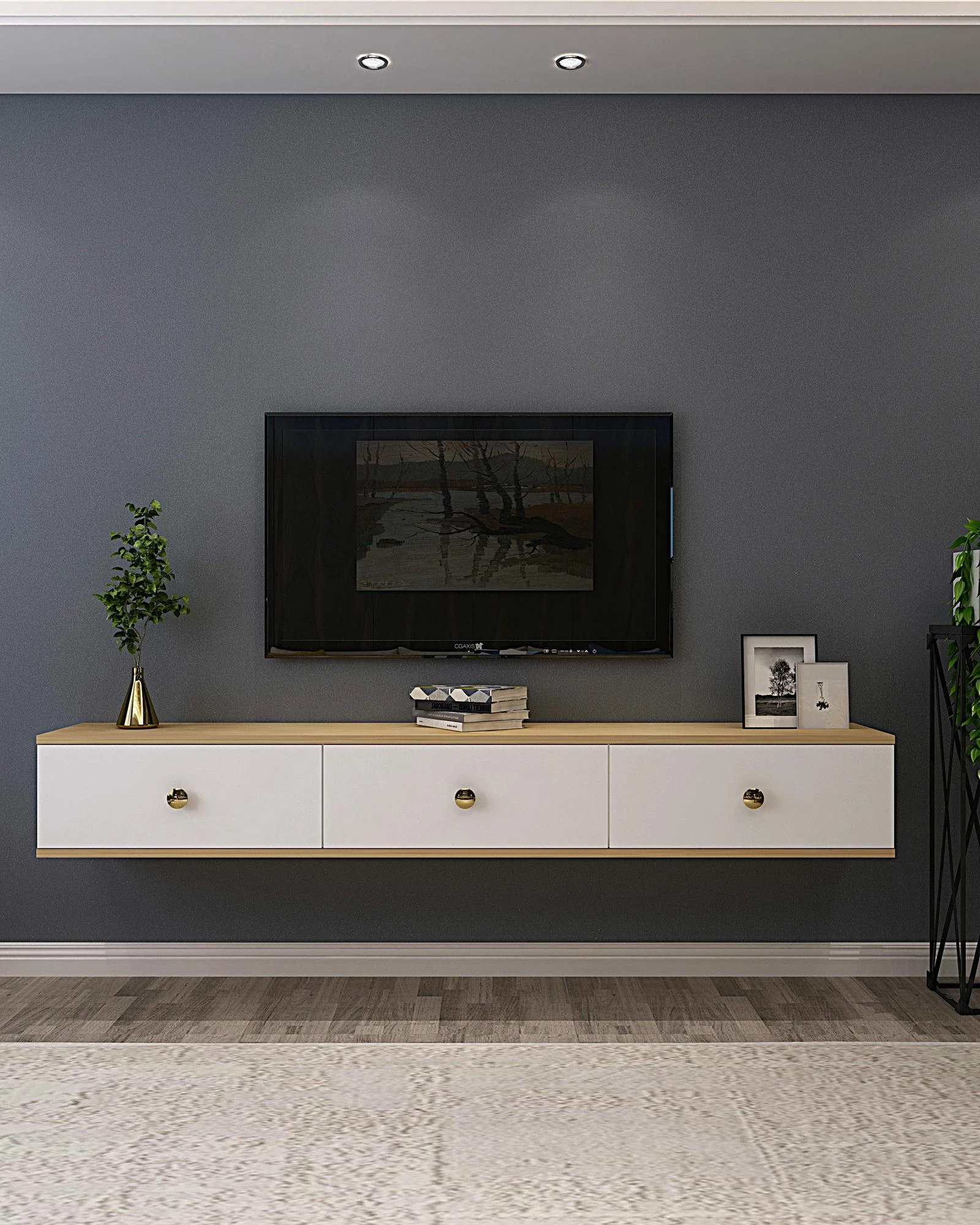 Komodë TV Skye Decor, Zuzu 180, ngjyrë lis safir dhe e bardhë