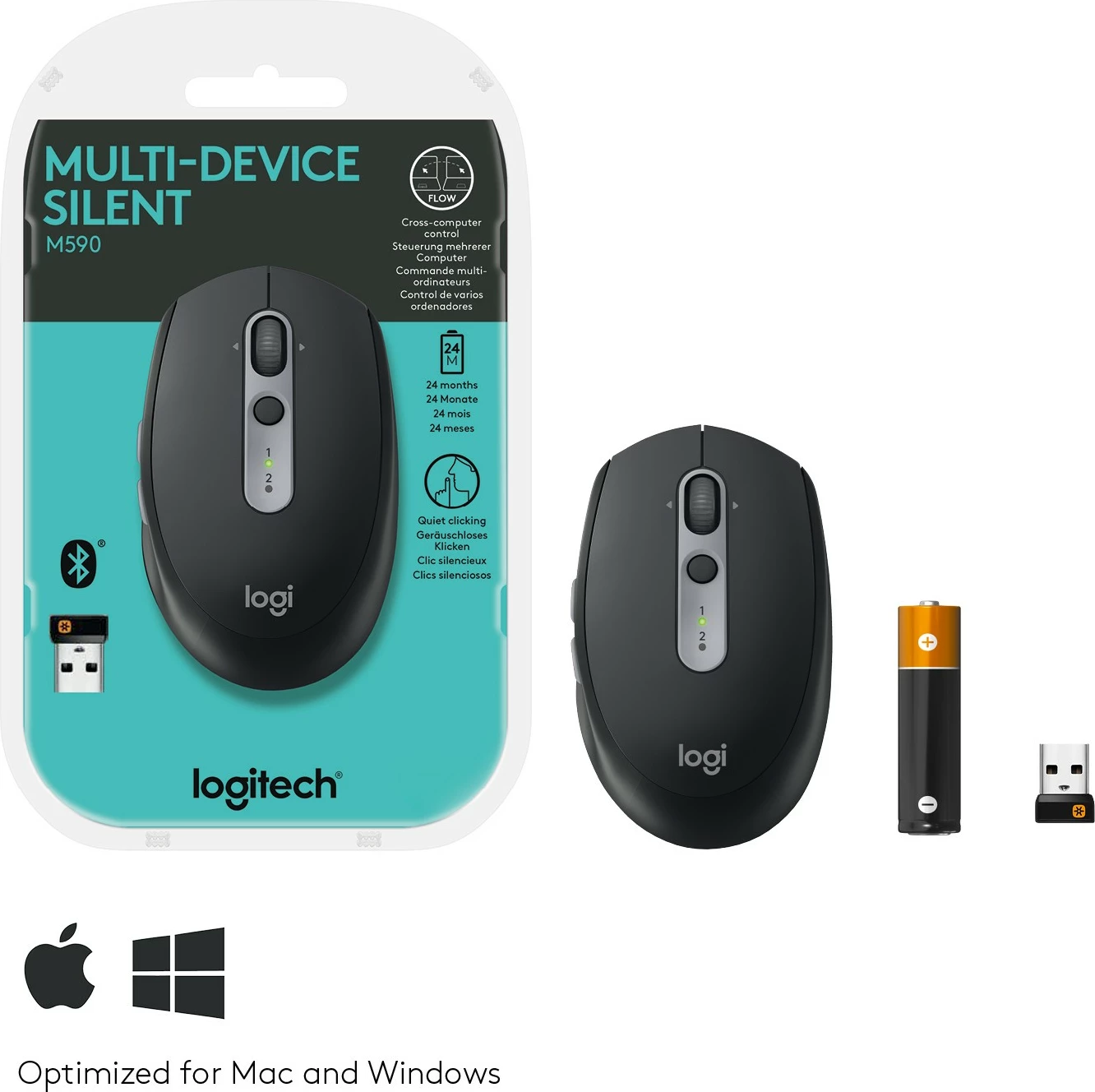 Maus Logitech M590 Multi-Device Silent, wireless, Bluetooth, 1000 DPI, graphite