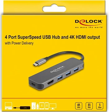 USB-C Hub DeLOCK 3x USB-A + HDMI 4K 30Hz + USB-C PD 85W, gri