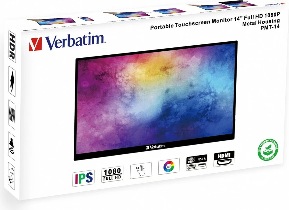 Monitor portativ me prekje, Verbatim PMT-14, 14" Full HD IPS, 10-pika, altoparlantë të integruar, USB‑C/HDMI, i zi
