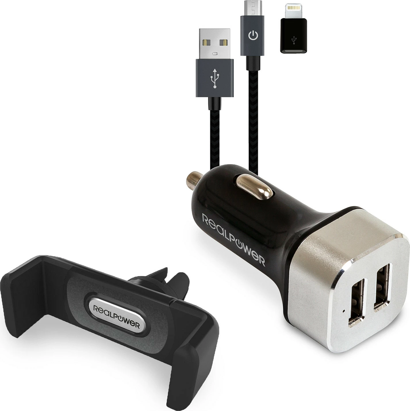 Karikues veture RealPower 168182, 2x USB 2.4A, kabllo Micro-USB + adaptor Lightning, mbajtës celulari, zi/argjend
