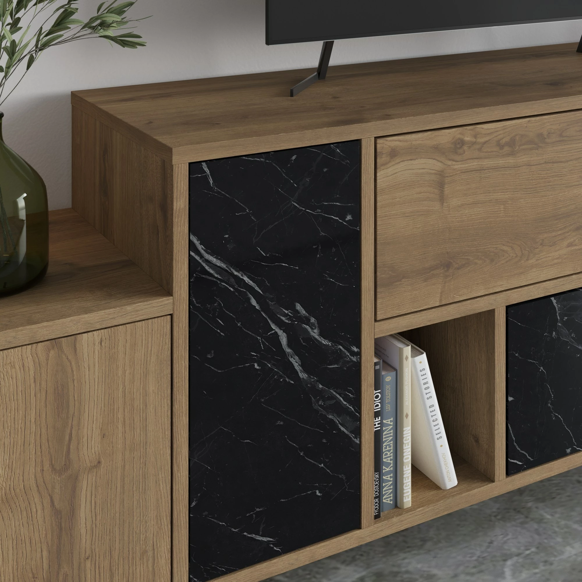 Komodë TV Skye Decor, Hermes - Hitit, Bendir, ngjyrë lis dhe e zezë