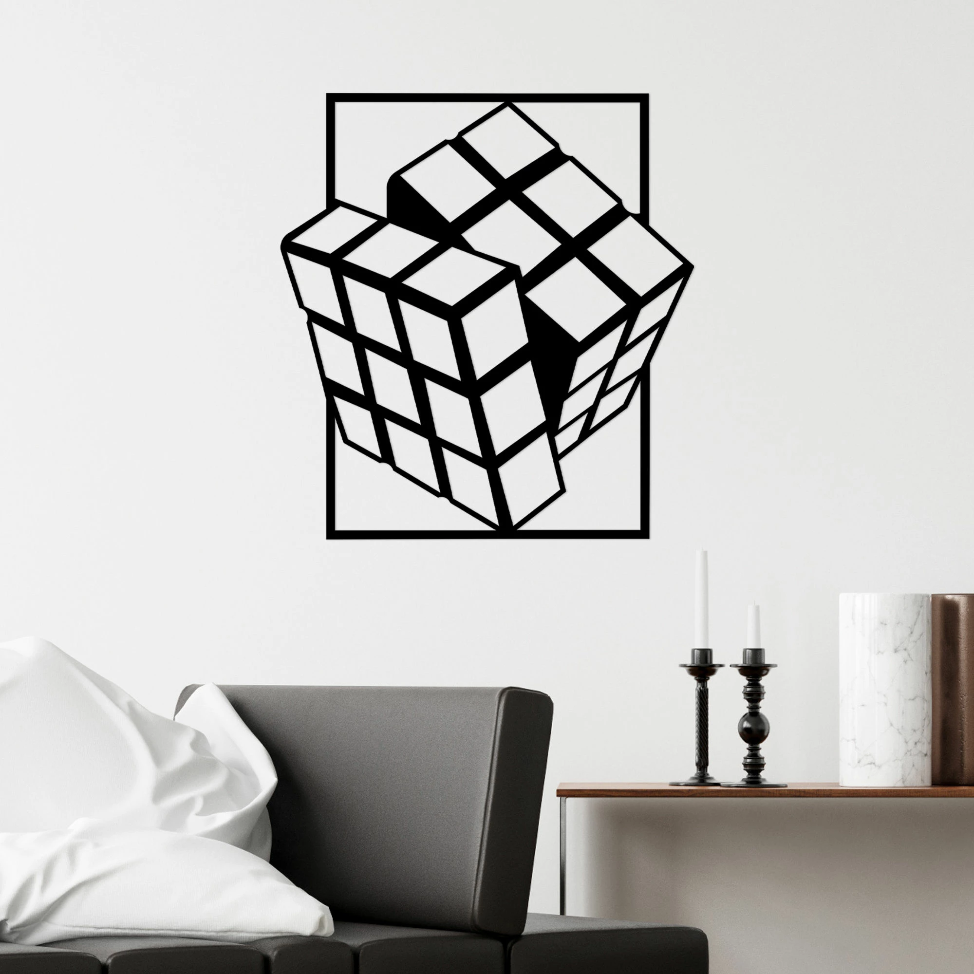 Aksesor metalik dekorativ për mur, Rubik's Cube, ngjyrë e zezë