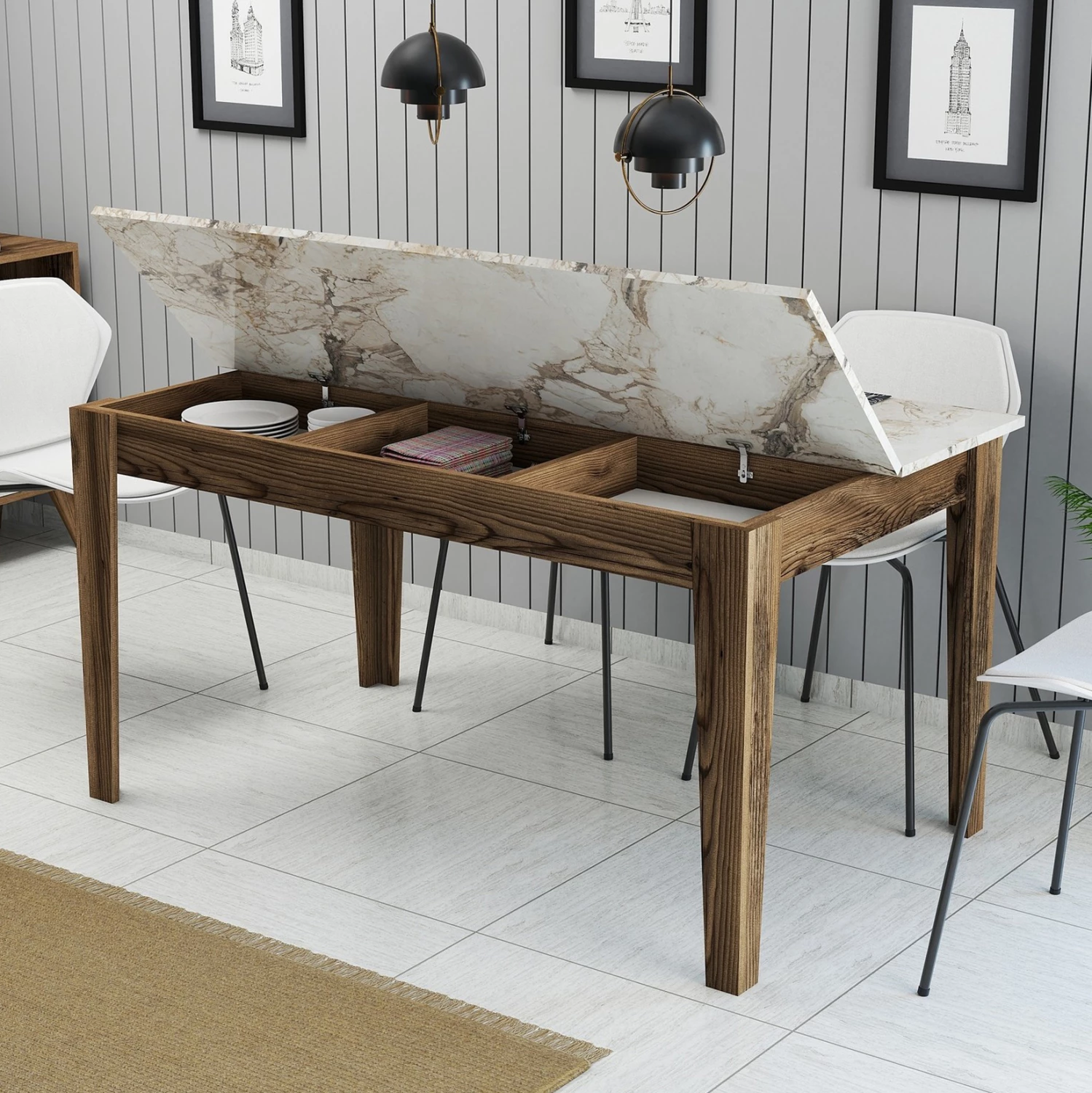 Tavolinë ngrënieje standarde, pamje mermeri të bardhë, me hapësirë ruajtjeje, FH9507.03, 145x88x75H cm