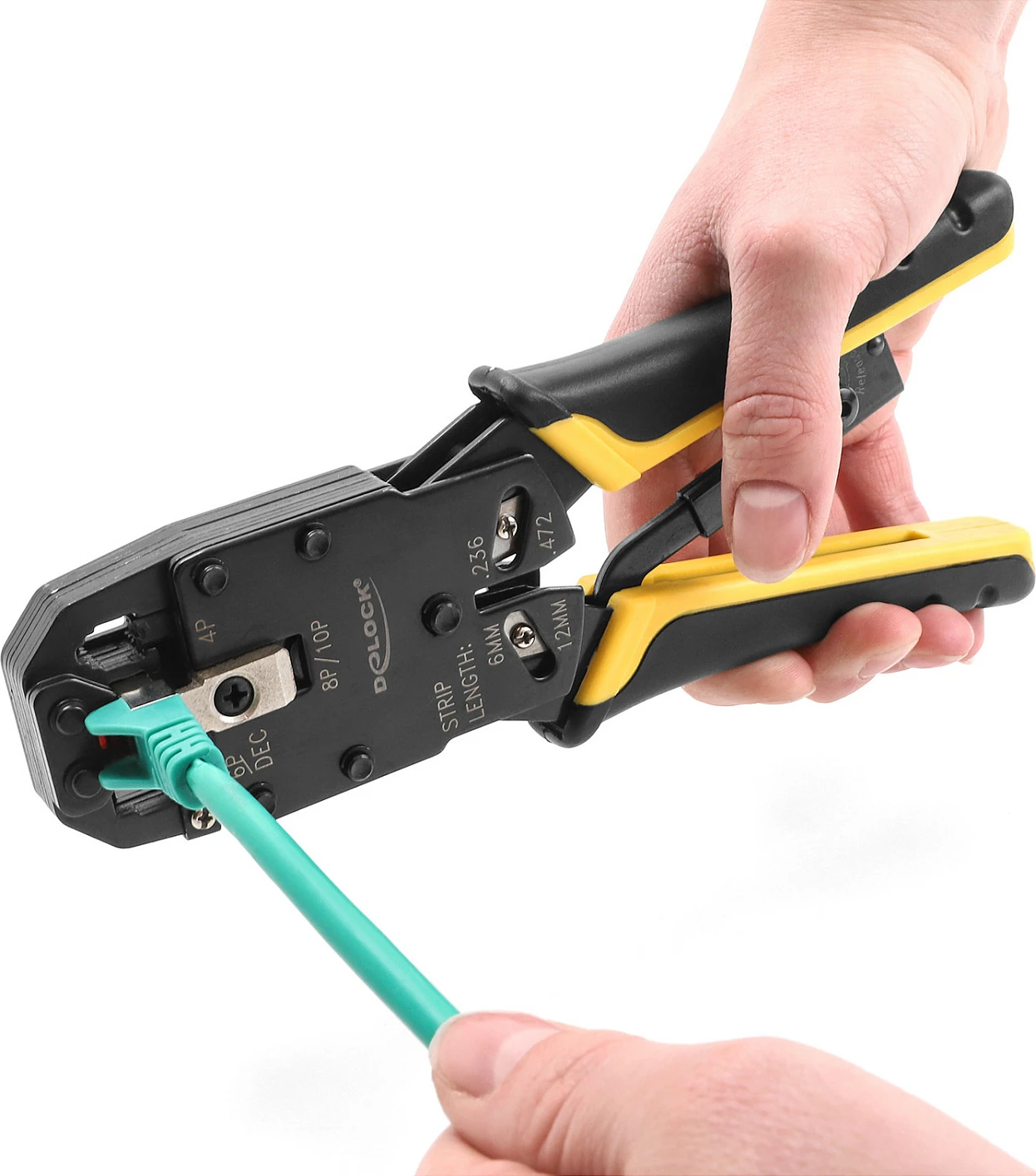 Krimpues kabllash DeLOCK, për RJ50/RJ45/RJ12/RJ11, me abisolues, zi/verdhë