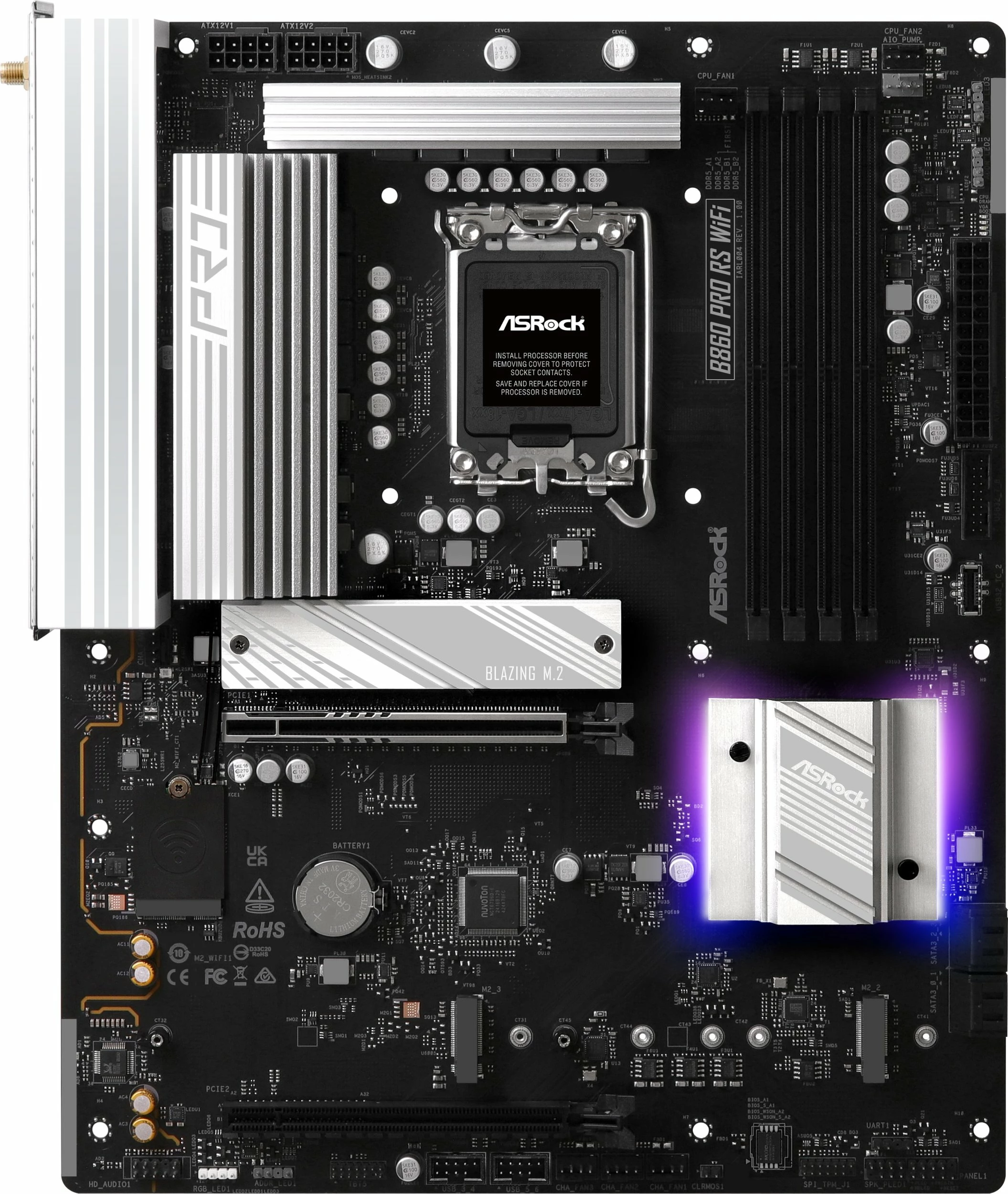 Pllakë amë ASRock B860 Pro RS WiFi, ATX, DDR5 deri 256GB, Wi‑Fi 6E, Bluetooth, e zezë/argjend
