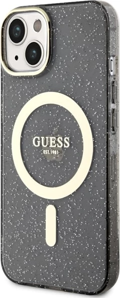 Mbështjellës Guess Glitter Gold MagSafe për iPhone 14, i zi