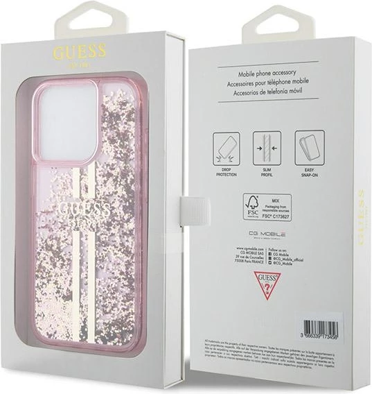 Mbështjellës Guess Liquid Glitter Gold Stripes për iPhone 15 Pro, Rozë