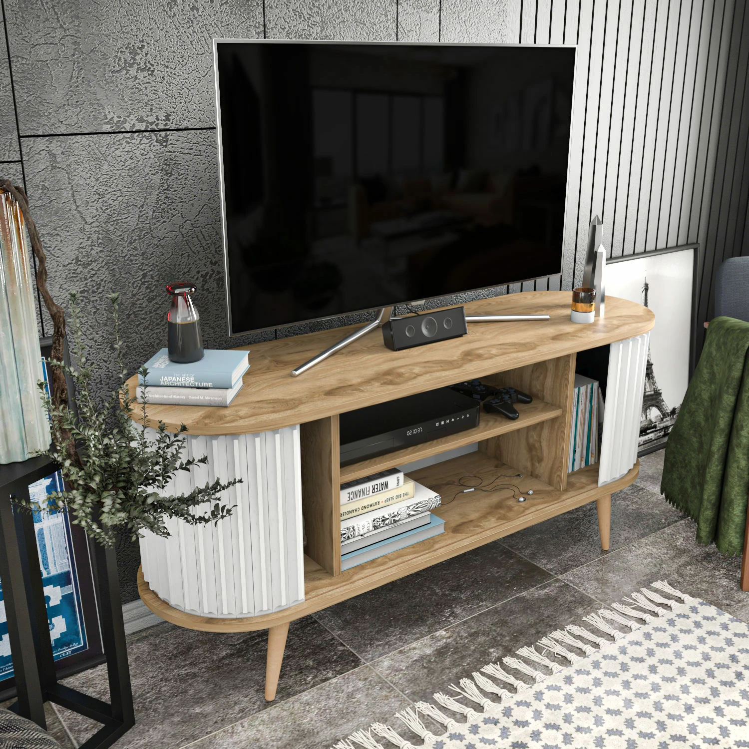 Komodë TV Hanah Home, ngjyrë lisi Oud, e bardhë
