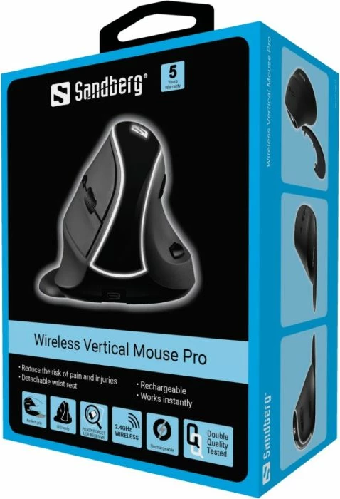 Maus vertikal wireless SANDBERG Wireless Vertical Mouse Pro 630-13, ergonomik, rechargeable, 6 butona, 1000/1200/1600 DPI, USB-A receiver, e zez/gri, set me receiver + kabllo karikimi