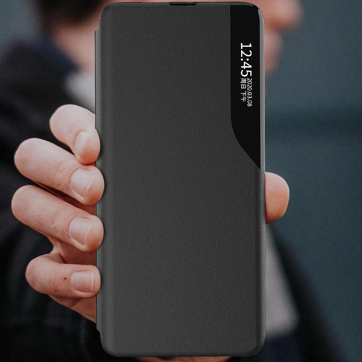 Mbështjellës Hurtel Eco Leather View Case për Samsung Galaxy A14, me kapak dhe qëndrim, i zi