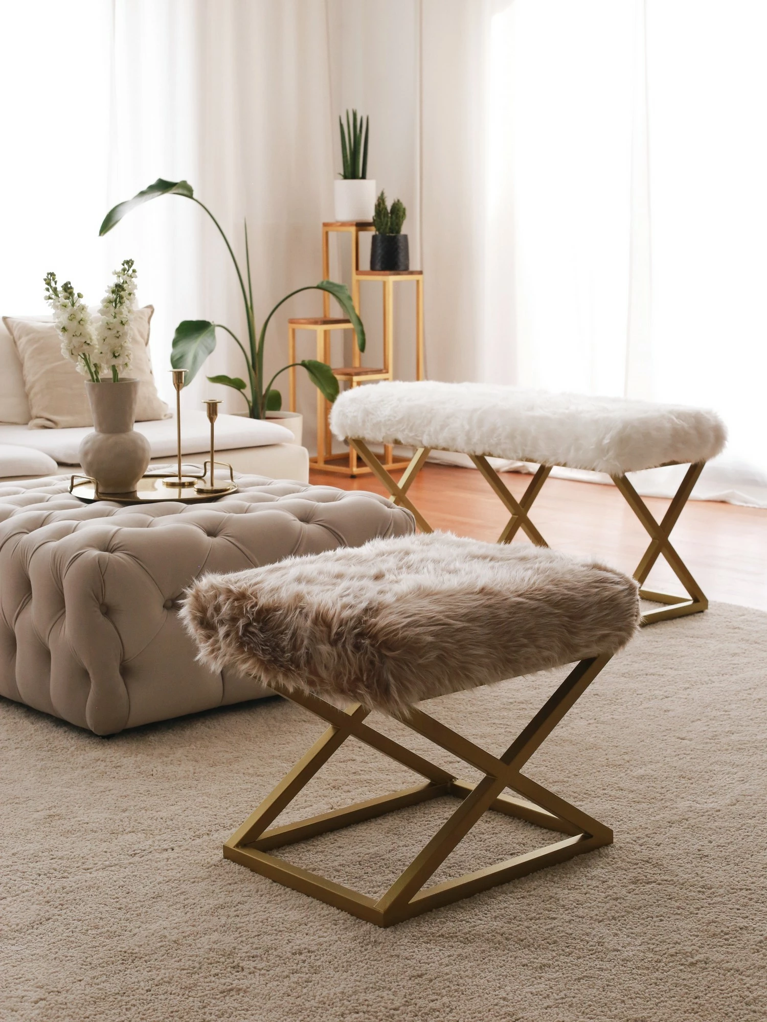 Puf Atelier del Sofa, pelush Capraz, ngjyrë ari dhe kafe