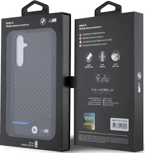 Mbështjellës BMW Leather Carbon për Samsung Galaxy S23 FE, i zi