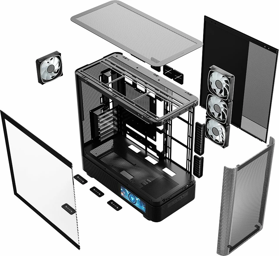 Kasë Modecom Volcano AQ400 ARGB (MC-A-AQ400-4FA-B) Midi Tower ATX/mATX/ITX, ekran LCD, 4x120mm ARGB, USB-C, e zezë