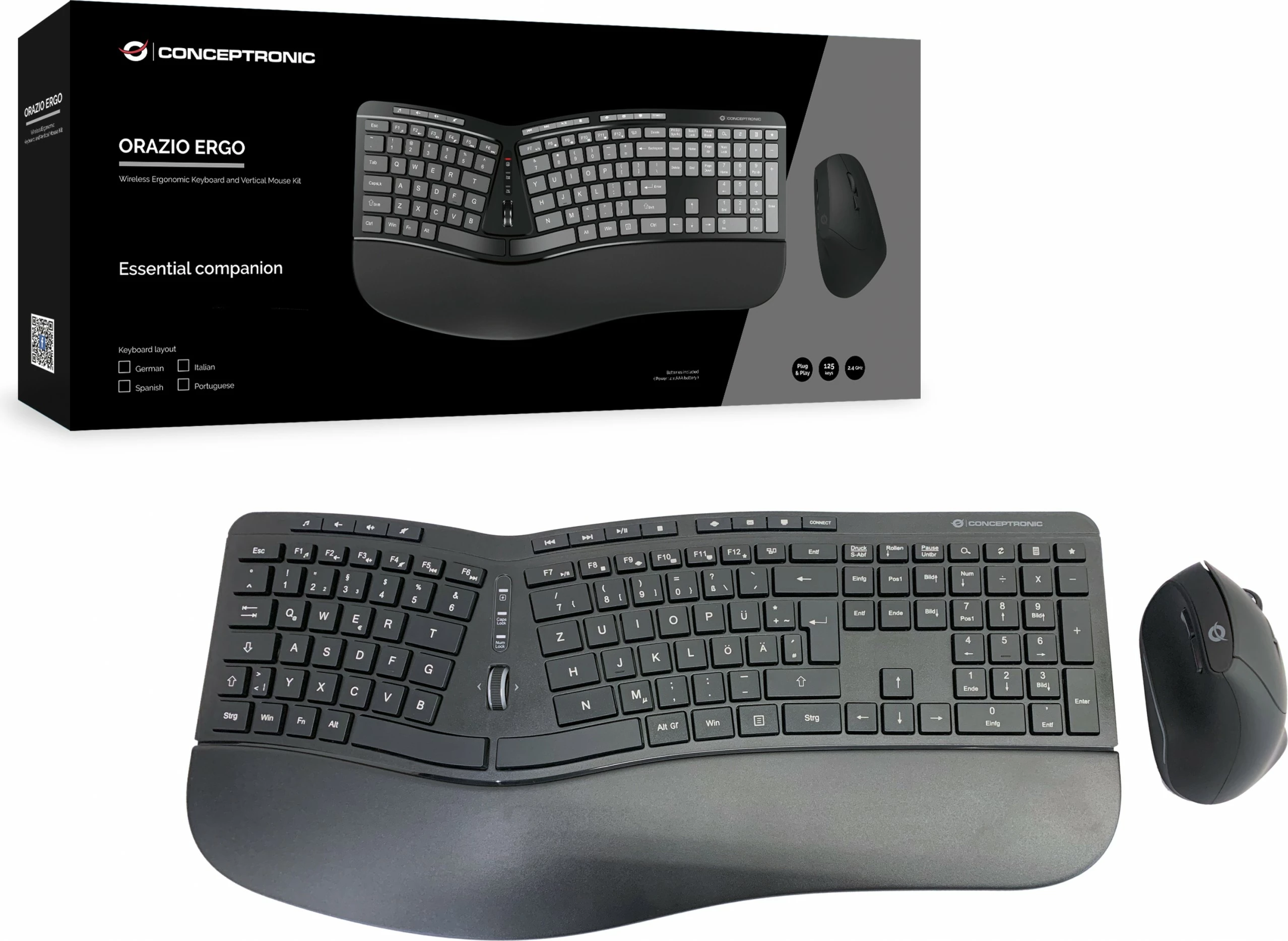 Kasë tastierë+maus wireless Conceptronic, QWERTZ, ergonomike, e zezë